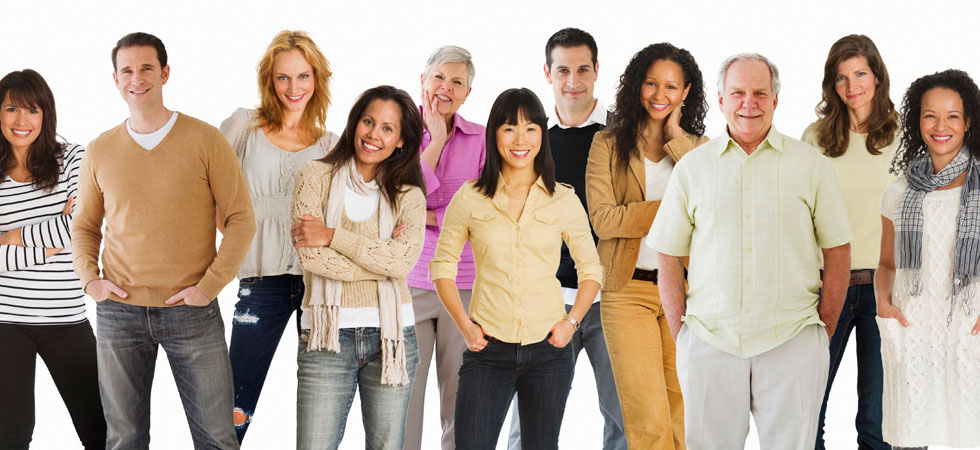 Group of diverse adults standing in a staggered row